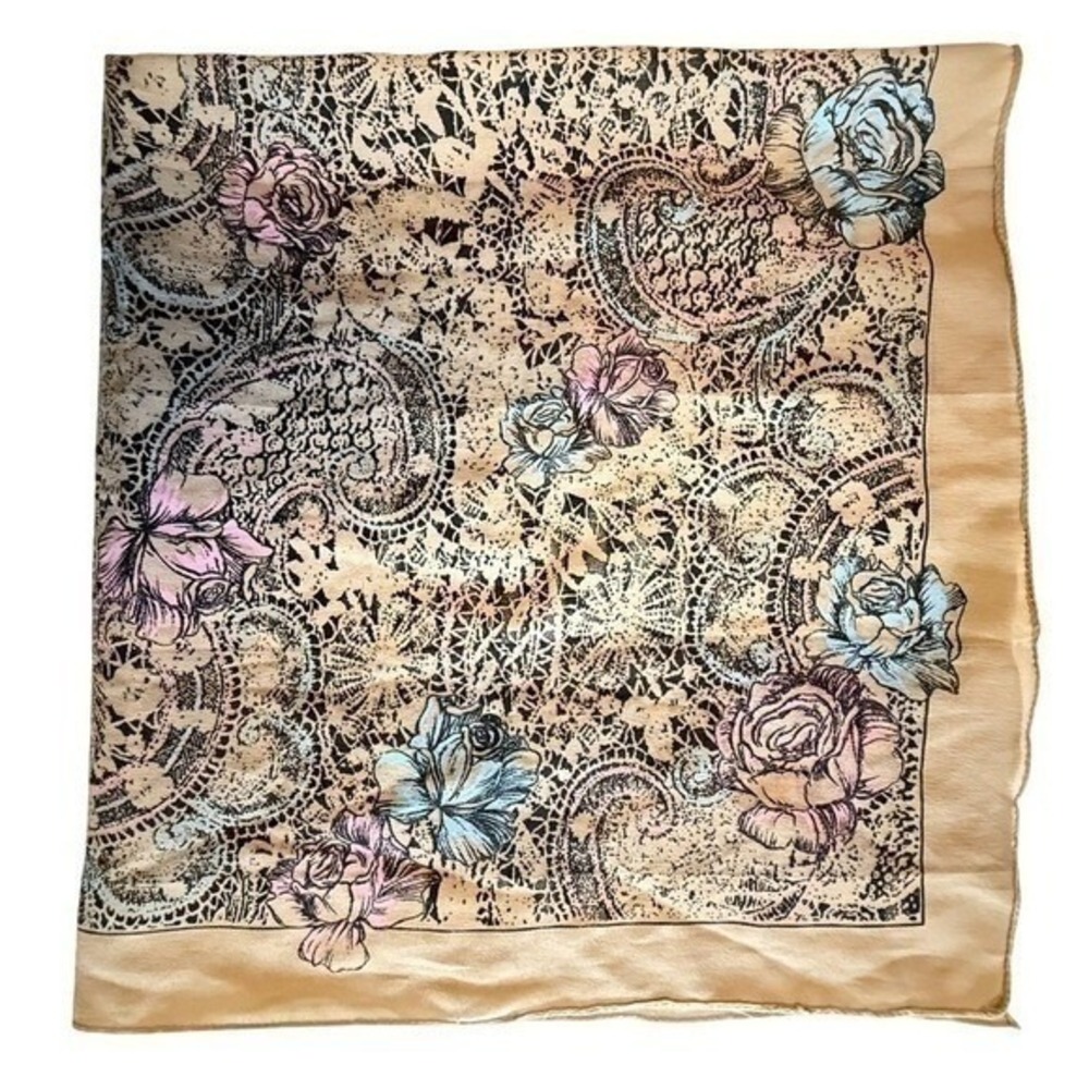 Square Scarf 29.5x30 Tan Floral Lace Rose Print Made in Italy Polyester